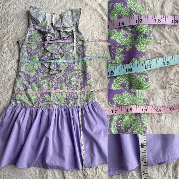 Vintage 60s ruffle front paisley print drop waist midi dress lilac purple green - Picture 4 of 15